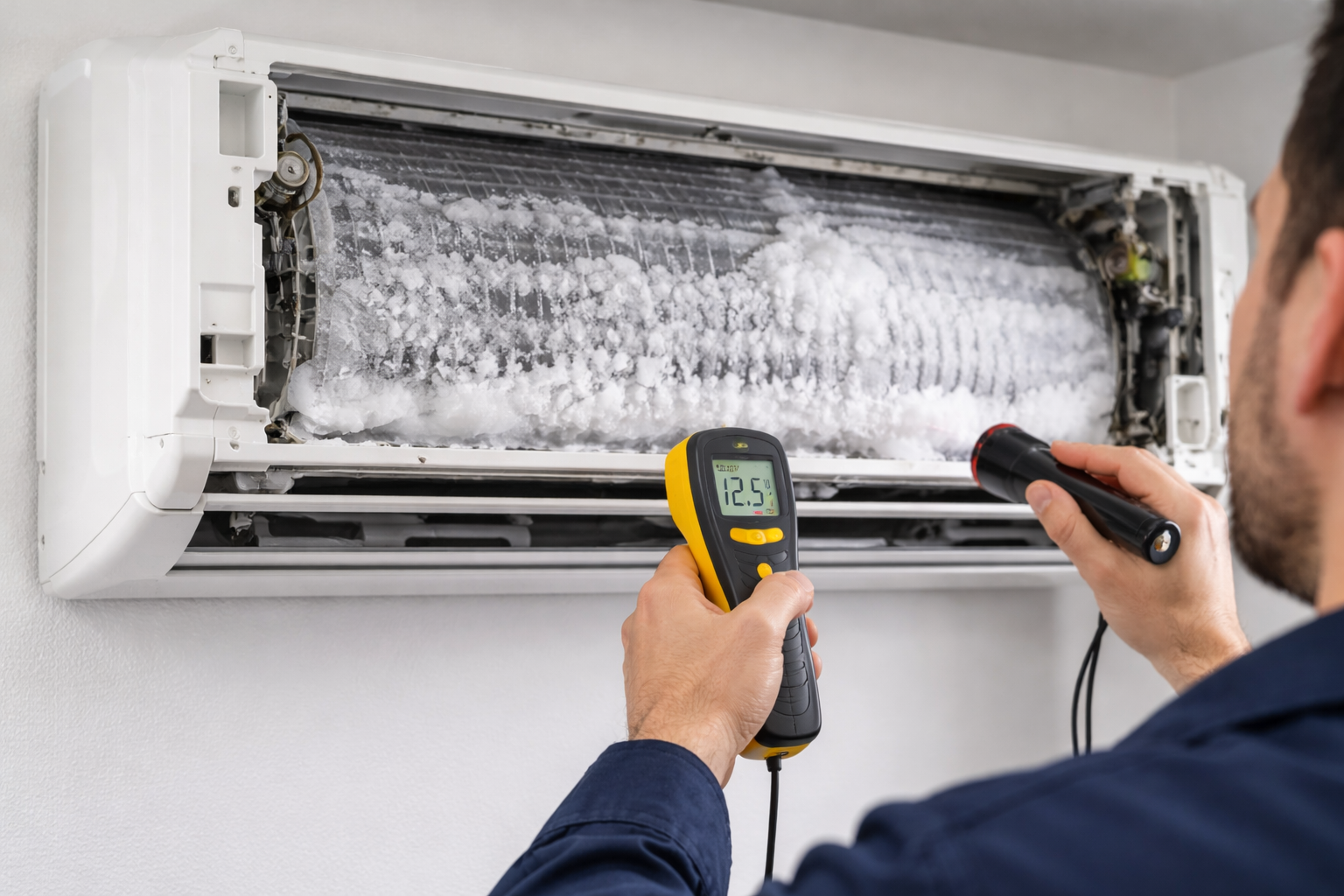 évaporateur de climatiseur mural gelé avec accumulation de glace causée par manque d’air ou de réfrigérant