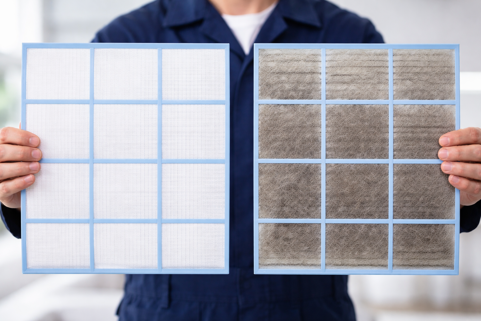 comparaison filtre air climatiseur propre et filtre sale bouché causant mauvais débit d’air