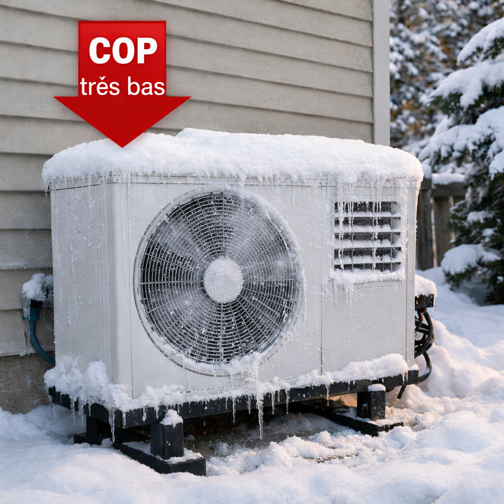 Thermopompe extérieure gelée en hiver avec accumulation de glace causant un COP très bas et une mauvaise performance en chauffage