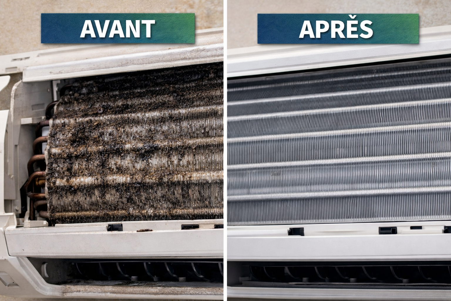 évaporateur climatiseur mural sale avec moisissure avant nettoyage et propre après entretien professionnel