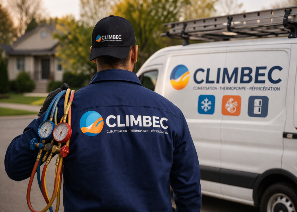 technicien climatisation de dos travaillant sur unité extérieure thermopompe avec camion Climbec à Laval