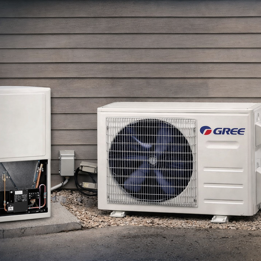 Thermopompe GREE avec unité extérieure et fournaise intérieure installation chauffage résidentiel Québec