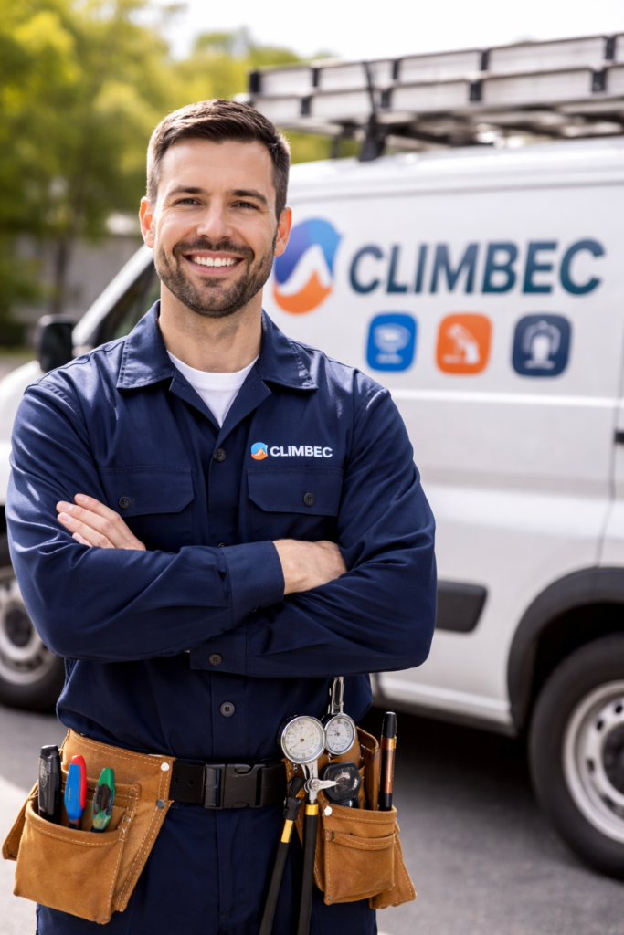 technicien climatisation Climbec devant camion service Laval thermopompe et air climatisé
